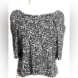 Marc Jacobs Black Tan Paisley Boho Lyocell Short Slv Keyhole Back Blouse Top S